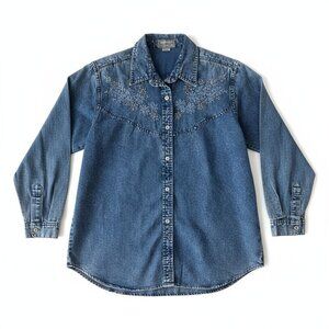 Jane Ashley Denim Western Button-Up Shirt – Embroidered – Size L